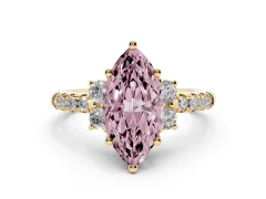 Fancy Pink Marquise Cut Diamond Three-Stone Pavé Ring Set in Yellow gold with Prong Setting