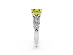 Fancy Yellow Asscher Cut Diamond Pavé Band Solitaire Ring Set in Platinum with Close-Set Accent Stones and Prong Setting