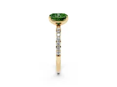 Fancy Green Radiant Cut Diamond Solitaire Engagement Ring Set in Yellow gold with Round Pavé Band and Prong Setting