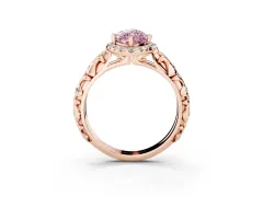 Fancy Pink Marquise Cut Diamond Halo Ring Set in Rose gold with Filigree Leaf Band and Prong Setting