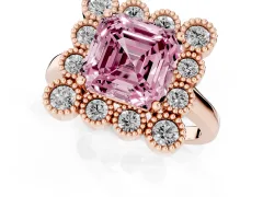 Fancy Pink Asscher Cut Diamond Cluster Halo Ring Set in Rose gold with Milgrain Bezel Accents and Plain Band
