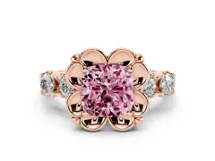 Fancy Pink Cushion Cut Diamond Floral Halo Ring Set in Rose gold with Shared Prong Band