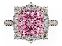 Fancy Pink Cushion Cut Diamond Halo Ring Set in Rose gold with Pavé Band and Prong Setting