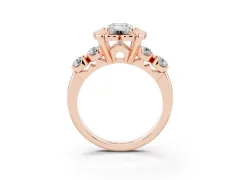 Emerald Cut Diamond Floral Halo Ring Set in Rose gold with Shared Prong Band