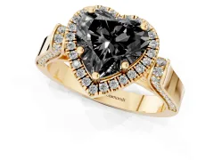 Fancy Black Heart Cut Diamond Halo Ring Set in Yellow gold with Twist Band and Pavé Accents