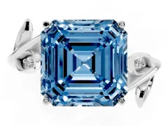 Fancy Blue Asscher Cut Diamond Solitaire Twist Engagement Ring Set in White gold with Pavé Leaf Accents