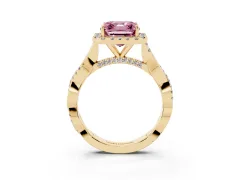 Fancy Pink Asscher Cut Diamond Halo Twist Band Solitaire Ring Set in Yellow gold with Prong Setting