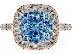 Fancy Blue Cushion Cut Diamond Pavé Halo Ring Set in Rose gold with Prong Setting