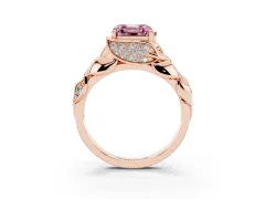 Fancy Pink Asscher Cut Diamond Leaf-Inspired Engagement Ring Set in Rose gold with Round Accents