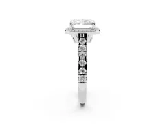 Radiant Cut Diamond Halo Engagement Ring Set in White gold with Pavé Band and Prong-Set Center