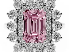 Fancy Pink Emerald Cut Diamond Floral Double Halo Ring Set in White gold with Round Petals
