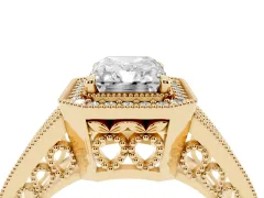 Radiant Cut Diamond Halo Ring Set in Yellow gold with Stone-Set Split Shank and Milgrain Edges