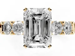 Emerald Cut Diamond Five-Stone Prong Set Engagement Ring Set in Yellow gold with Channel Band