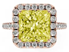 Fancy Yellow Princess Cut Diamond Halo Pavé Engagement Ring Set in Rose gold with Prong Setting
