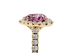Fancy Pink Heart Cut Diamond Pavé Halo Engagement Ring Set in Yellow gold with Pavé Band and Prong Setting