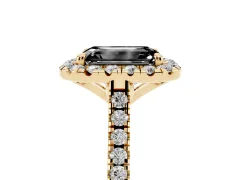 Fancy Black Emerald Cut Diamond Cushion Halo Ring Set in Yellow gold with Pavé Band