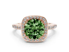 Fancy Green Round Cut Diamond Halo Engagement Ring Set in Rose gold with Round Pavé Shoulders and Heart Gallery