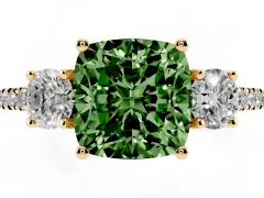 Fancy Green Cushion Cut Diamond Three-Stone Ring Set in Yellow gold with Pavé Band and Graduated Sides