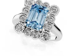Fancy Blue Emerald Cut Diamond Cluster Halo Ring Set in White gold with Milgrain Bezel Accents and Plain Band