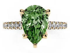 Fancy Green Pear Cut Diamond Solitaire Ring Set in Yellow gold with Brilliant Pavé Band and Prong Setting