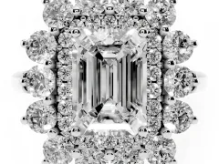 Emerald Cut Diamond Floral Double Halo Ring Set in White gold with Round Petals