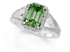 Fancy Green Emerald Cut Diamond Halo Split Shank Pavé Ring Set in Platinum with Prong Setting