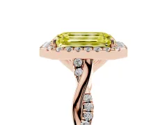 Fancy Yellow Emerald Cut Diamond Halo Twist Band Solitaire Ring Set in Rose gold with Prong Setting