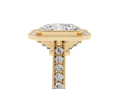 Radiant Cut Diamond Halo Milgrain Pavé Band Ring Set in Yellow gold with Prong Setting