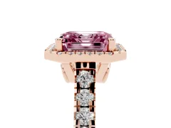 Fancy Pink Asscher Cut Diamond Halo Engagement Ring Set in Rose gold with Pavé Band and Prong-Set Center