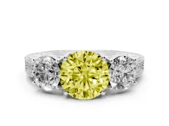 Fancy Yellow Round Cut Diamond Three-Stone Engagement Ring Set in Platinum with Milgrain Pavé Band
