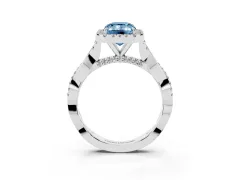 Fancy Blue Emerald Cut Diamond Halo Twist Band Solitaire Ring Set in White gold with Prong Setting