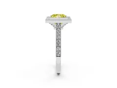 Fancy Yellow Princess Cut Diamond Halo Milgrain Pavé Band Ring Set in White gold with Prong Setting