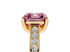 Fancy Pink Asscher Cut Diamond Solitaire Ring Set in Yellow gold with Milgrain-Edged Pavé Band and Prong Setting