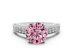 Fancy Pink Round Cut Diamond Solitaire Ring Set in White gold with Milgrain-Edged Pavé Band and Prong Setting