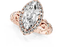 Marquise Cut Diamond Halo Ring Set in Rose gold with Filigree Leaf Band and Prong Setting