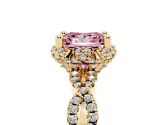 Fancy Pink Princess Cut Diamond Halo Twist Band Solitaire Ring Set in Yellow gold with Prong-Set Center Stone