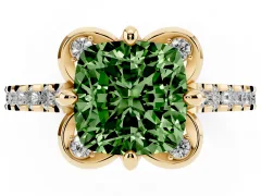 Fancy Green Cushion Cut Diamond Solitaire Ring Set in Yellow gold with Pavé Band and Floral Prong Setting
