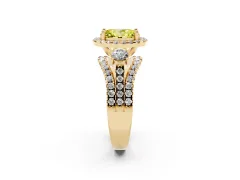 Fancy Yellow Oval Cut Diamond Halo Split Shank Ring Set in Yellow gold with Round Accent Stones and Prong Setting