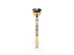 Fancy Black Cushion Cut Diamond Solitaire Engagement Ring Set in Yellow gold with Round Pavé Band and Prong Setting