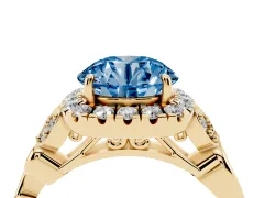 Fancy Blue Round Cut Diamond Halo Engagement Ring Set in Yellow gold with Vintage-Inspired Band and Prong Setting