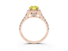 Fancy Yellow Cushion Cut Diamond Halo Engagement Ring Set in Rose gold with Pavé Band and Prong-Set Center