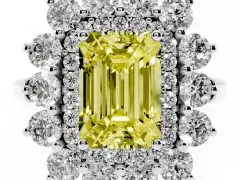 Fancy Yellow Emerald Cut Diamond Floral Double Halo Ring Set in White gold with Round Petals