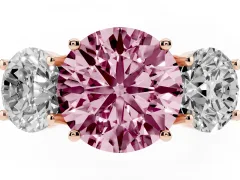 Fancy Pink Round Cut Diamond Three-Stone Ring Set in Rose gold with Pavé Band