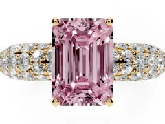 Fancy Pink Emerald Cut Diamond Pavé Band Solitaire Ring Set in Yellow gold with Close-Set Accent Stones and Prong Setting