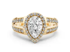Pear Cut Diamond Halo Ring Set in Yellow gold with Double Pavé Split Shank