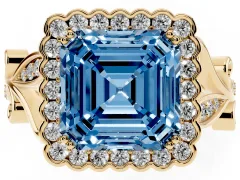 Fancy Blue Asscher Cut Diamond Halo Ring Set in Yellow gold with Leaf Motif Split Shank and Prong Setting