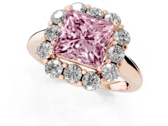 Fancy Pink Princess Cut Diamond Milgrain Halo Solitaire Ring Set in Rose gold with Bezel Set Side Stones and Pavé Band