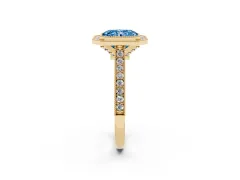 Fancy Blue Radiant Cut Diamond Halo Milgrain Pavé Band Ring Set in Yellow gold with Prong Setting