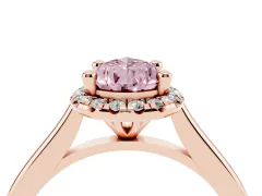 Fancy Pink Pear Cut Diamond Halo Engagement Ring Set in Rose gold with Pavé Band and Rising Shoulders