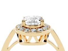 Oval Cut Diamond Halo Ring Set in Yellow gold with Accent-Lined Split Shank and Prong Setting